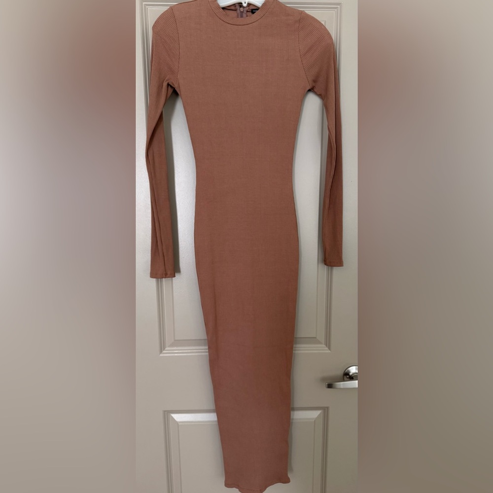 Naked Wardrobe Long Sleeve Dress in Warm Brown